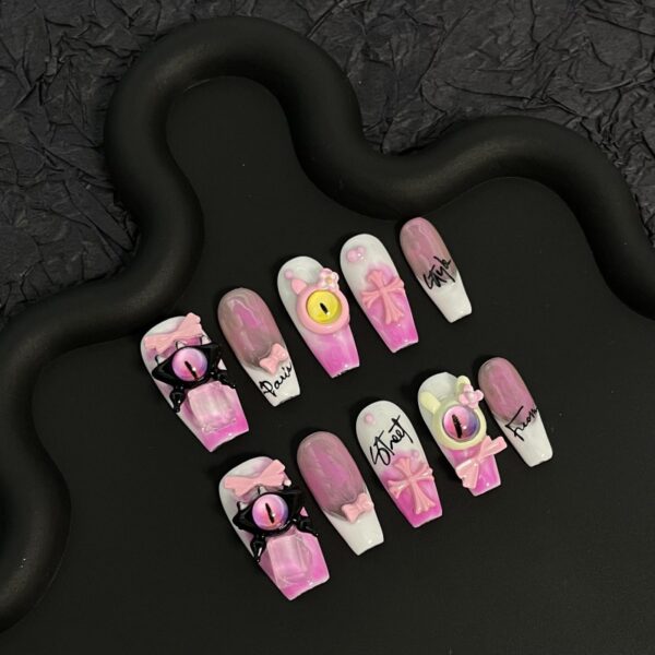 Pink little monster Croheart cross nails